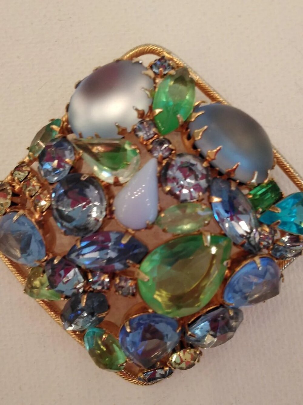 Vintage Mid-Century Blue and Green Rhinestone Domed Brooch